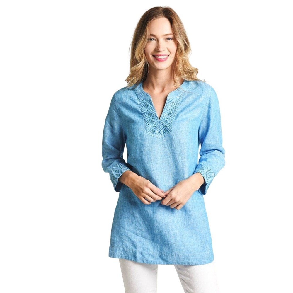 Tommy Bahama Womens Blue 100% Linen Embroidered Sequin V-Neck‎ Tunic Top Size M